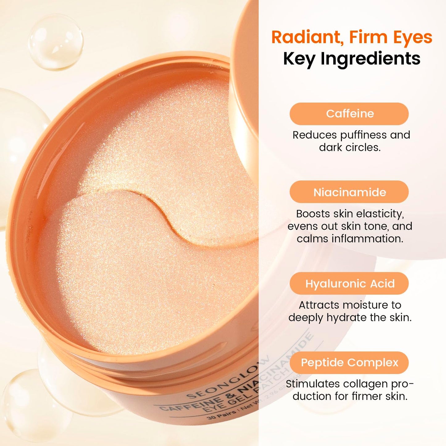 Skiennix Caffeine Under Eye Patches - 30 Pairs Korean Hydrogel Masks for Dark Circles & Puffiness Relief
