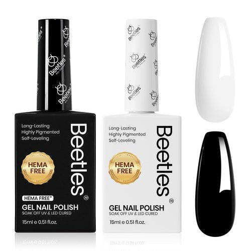 beetles Balck and White Gel Polish - Monochrome Aesthetics Hema-Free Black and White Color Gel Set, 2 Pcs 15ML Full Size Polish Soak Off Led French Nail Art Manicure Salon Diy at Home