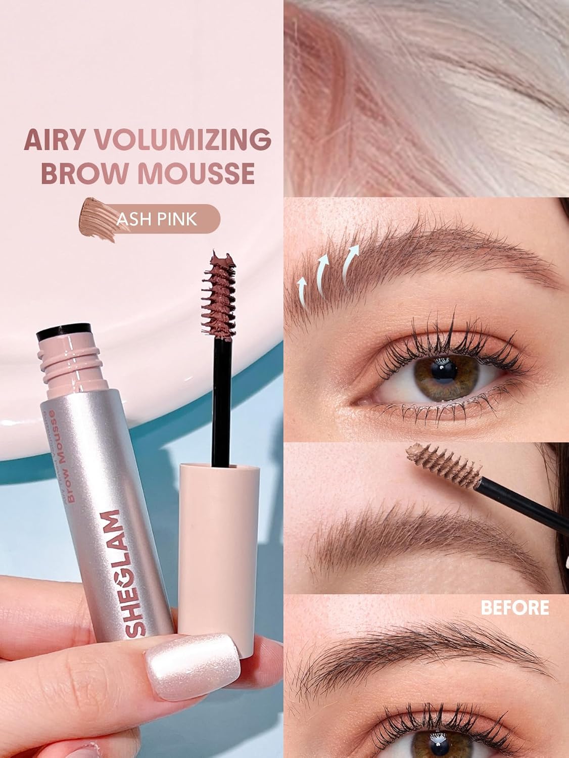 SheGlam Airy Tinted Brow Mousse - Highly Pigmented Eyebrow Gel for Shaping & Filling | Ash Pink