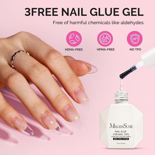 MelodySusie 3Free Nail Glue Gel - Super Sticky Adhesion for False Nail Tips | 2 Pcs 15ml, No Hema