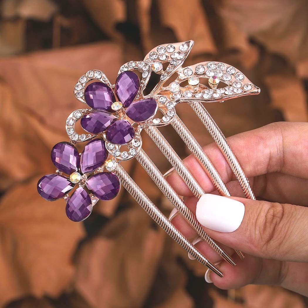 Bohend Rhinestone Hair Comb Flower Crystal Hairpieces Wedding Hair Accessories Jewelry for Women and Girls (violet)