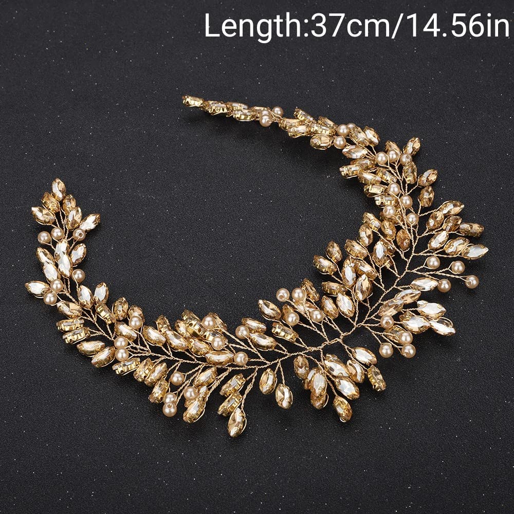 Teyglen Women Bride Wedding Rhinestones Crystals Long Headband Hair Vine Handmade Bridal Gold Pearl Headband Wedding Hair Accessories for Brides Hair Pieces Headpieces for Women Girl (Champagne)