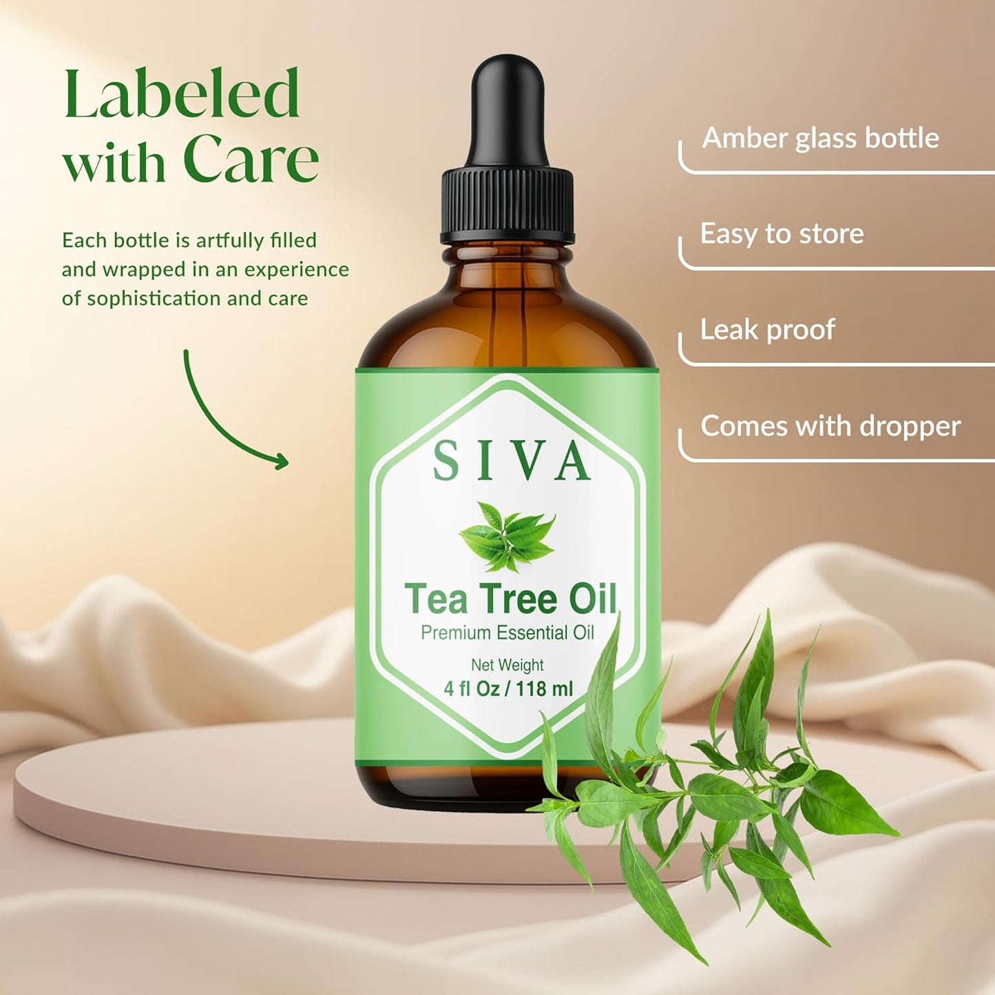 Siva Tea Tree Essential Oil - 100% Natural for Diffuser, Face & Skin Care | 4 Fl Oz with Dropper