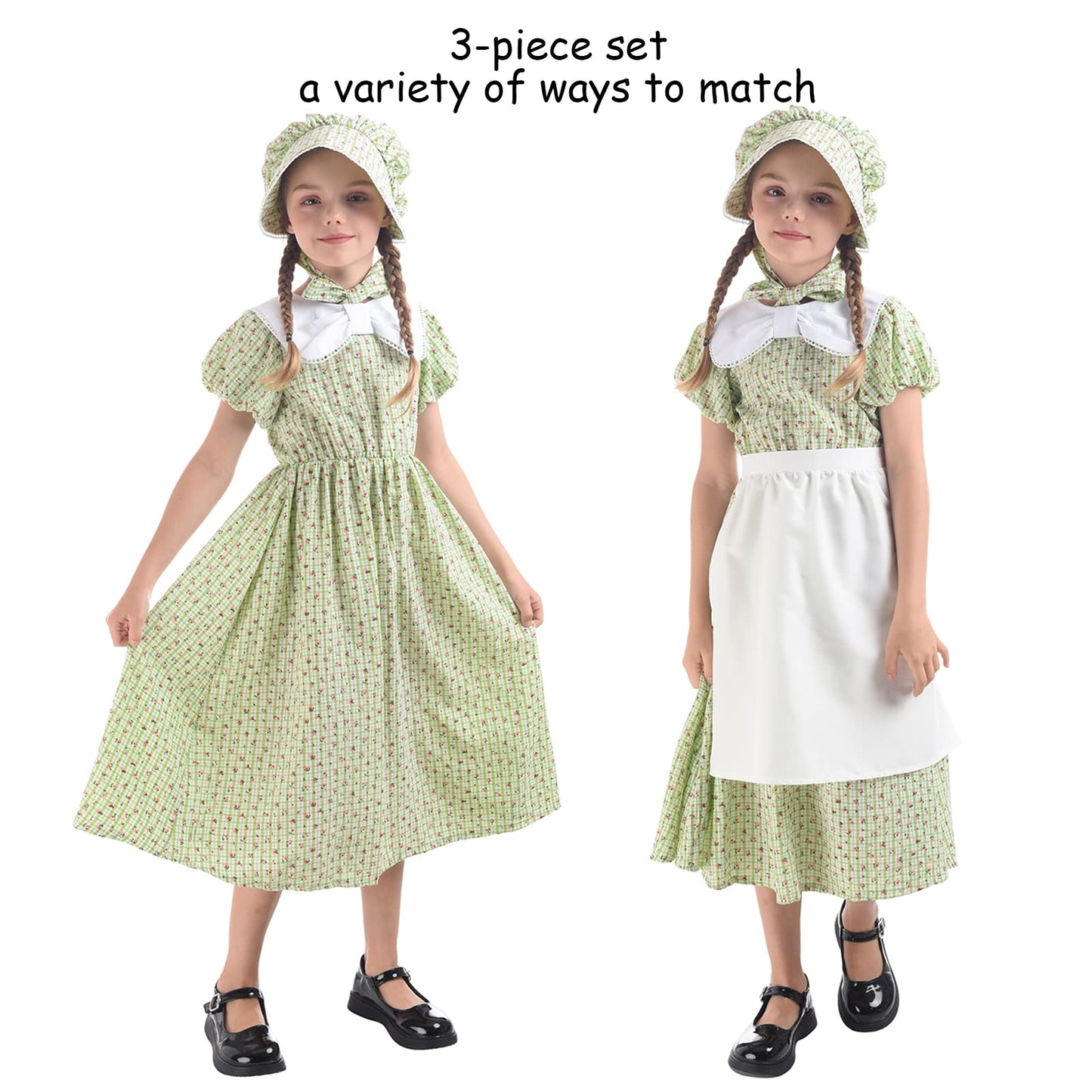 LTAKK Prairie Dresses Girls Pioneer Colonial Costume Girl Pilgrim Dress with Apron and Bonnet, Green Plaid Floral, Large