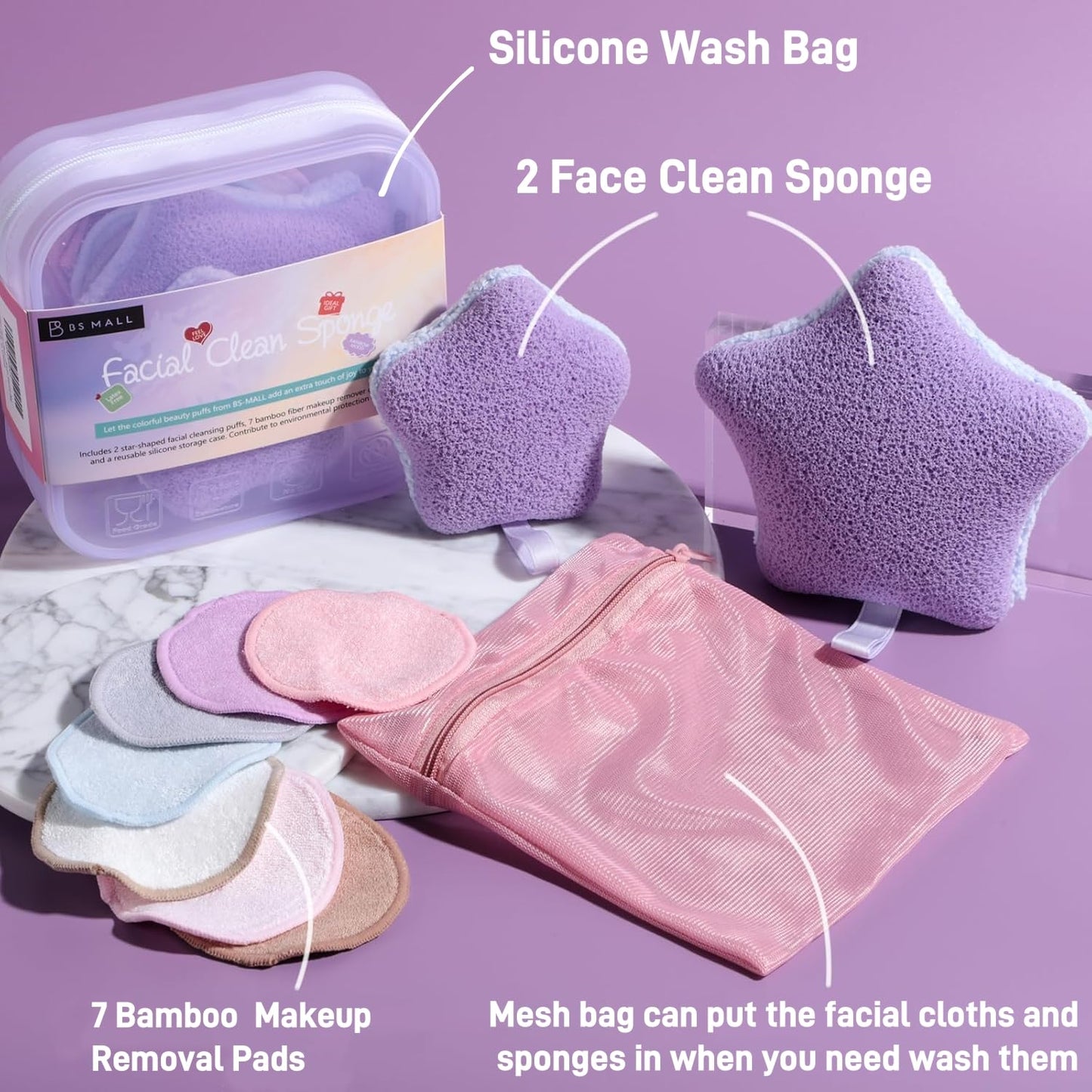 BS-MALL Gentle Facial Sponges - 10 Reusable Makeup Removal Pads with Travel Bag | Deep Clean & Exfoliate