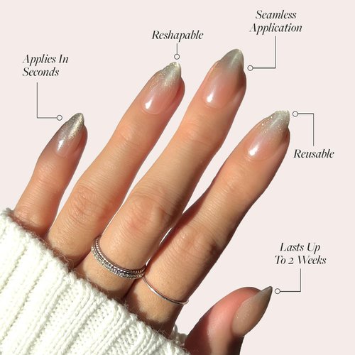 Glamnetic Press On Nails - Polar Night Fake Nails | Short Almond Fake Nails with Ombré Silver Tips and Glossy Velvet Finish, Salon Quality | 15 Sizes - 30 Nail Kit with Glue