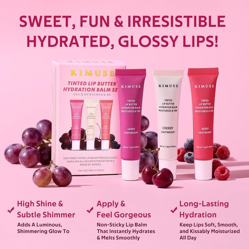 KIMUSE Tinted Lip Butter - Hydrating Lip Balm with Hyaluronic Acid & Vitamin E | 3 Pack for Soft, Supple Lips