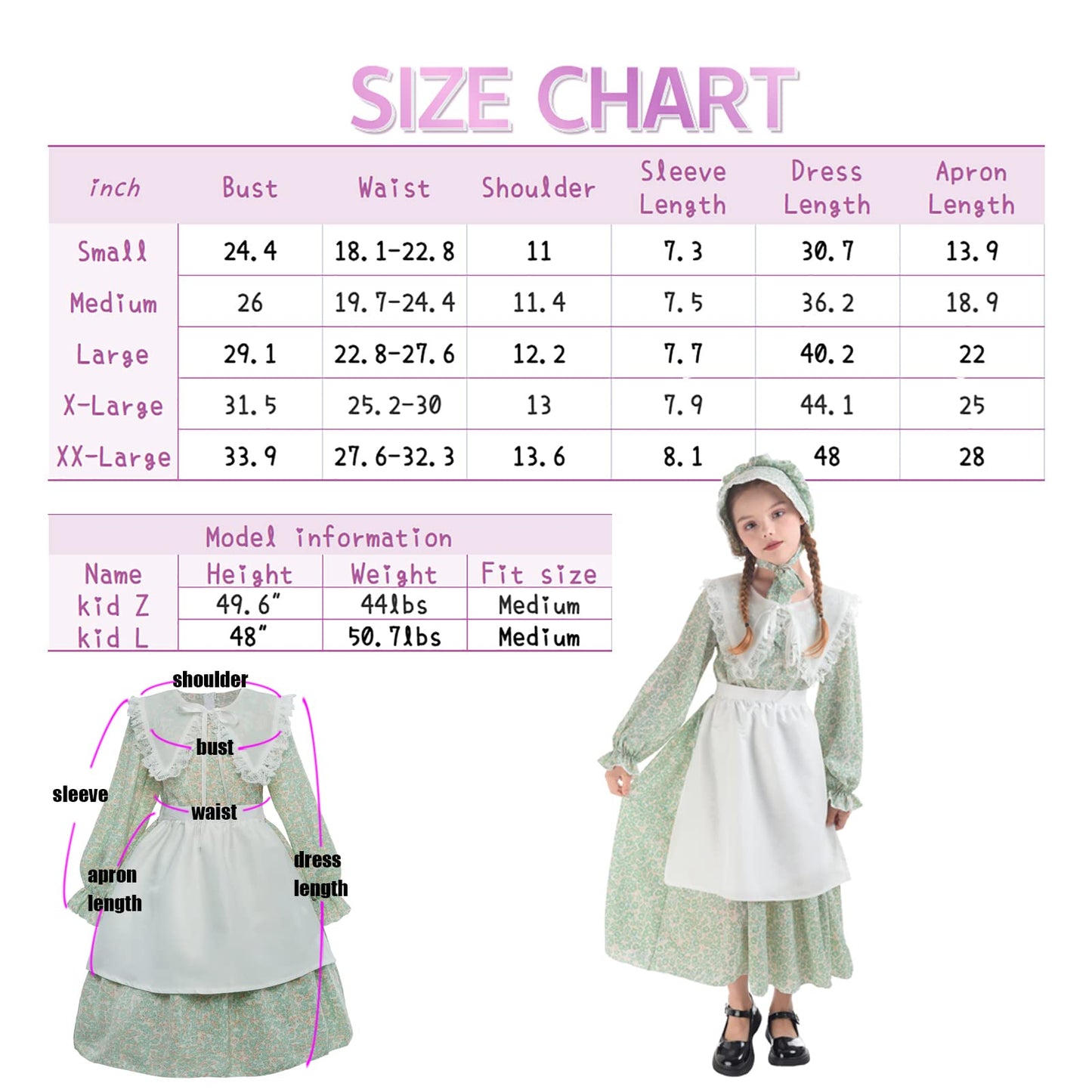 LTAKK Prairie Dresses for Girls Pioneer Colonial Costume Girl Pilgrim Dress with Shawl, Apron and Bonnet, Seagreen, Large