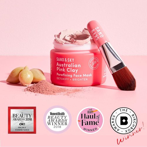 Sand & Sky Clay Mask - Australian Pink Clay Detoxifying Face Mask for Pore Minimizing & Brightening | Brush Included