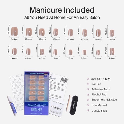 Cat Eye Nude Press on Nails Square - SHANGMENG Soft Gel Press on Nails Short for Women Gift, Fit Perfectly & Natural Stick on Nails with Glue in 16 Sizes - 32 Reusable Fake Nails, Light Nude