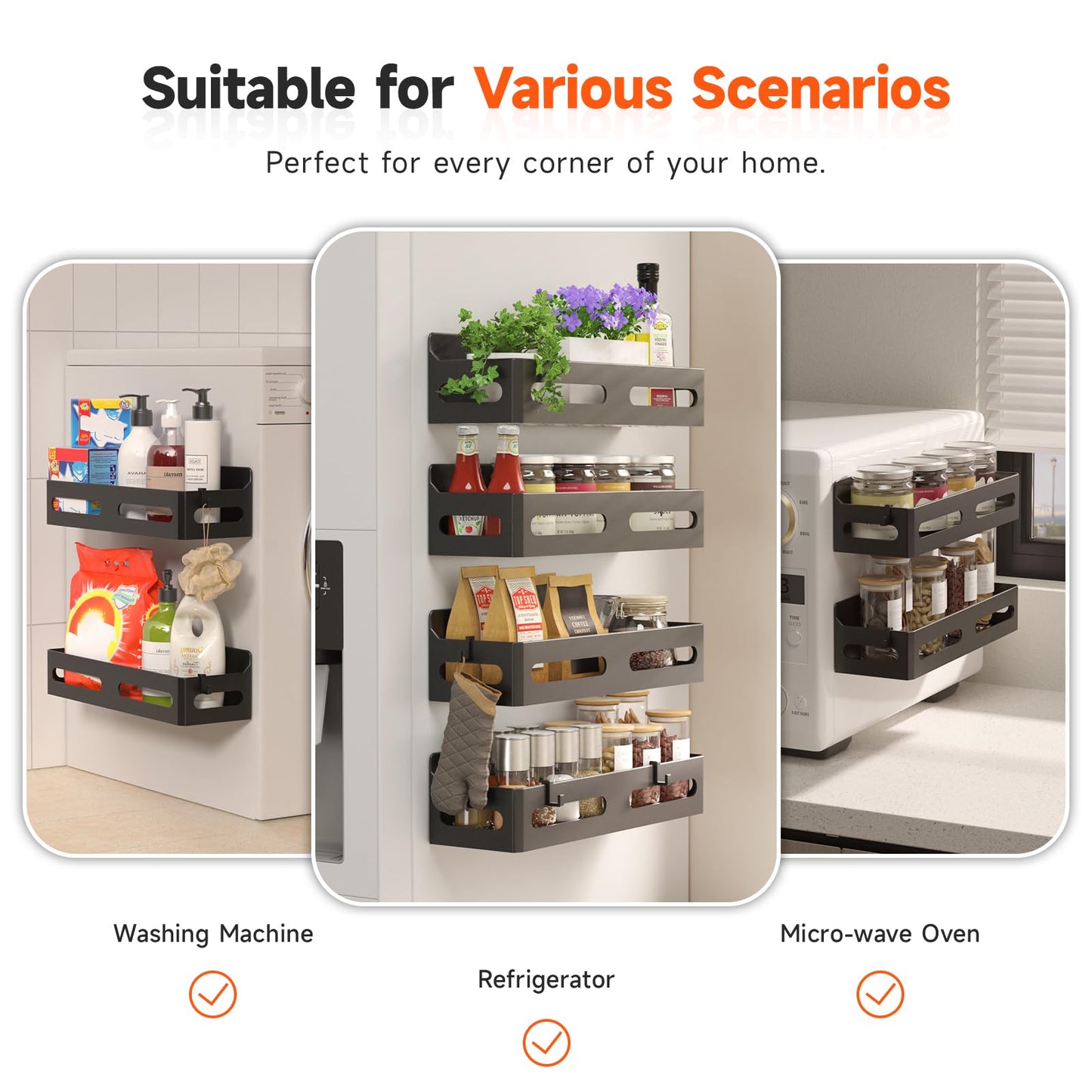 4 Pack Strong Magnetic Spice Rack for Refrigerator, Multipurpose Magnetic Shelf for Fridge with 4 Hooks for kitchen and Bathroom Organization, Black