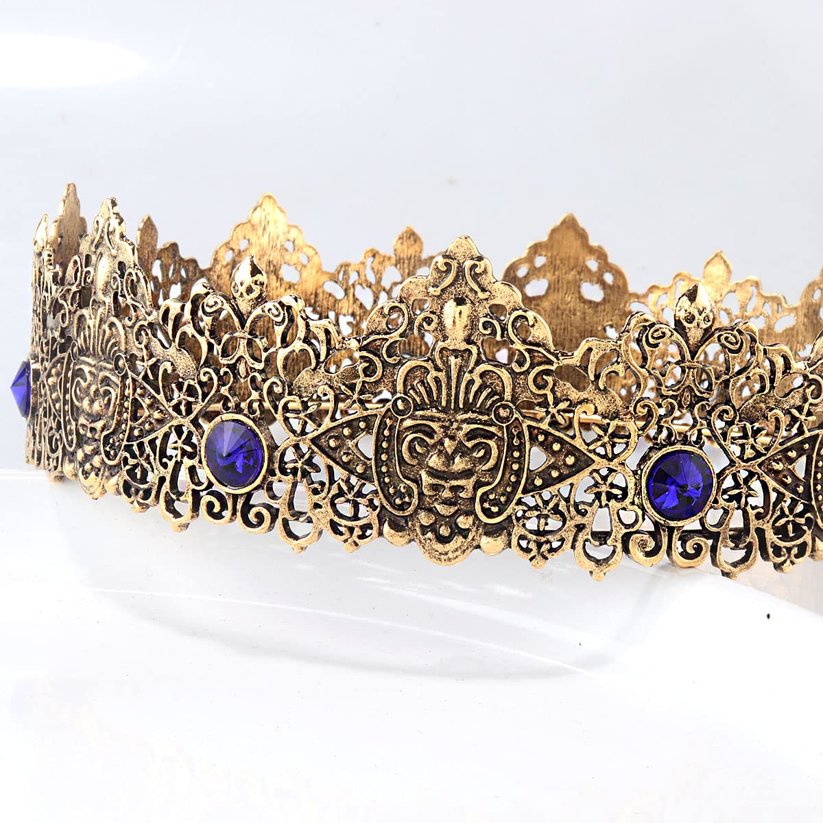 King Men Tiara Crown Imperial Medieval Headband Crystal Pageant Costumes For Birthday Party Prom Halloween Hair Accessories (Dark Gold With Blue Stone)