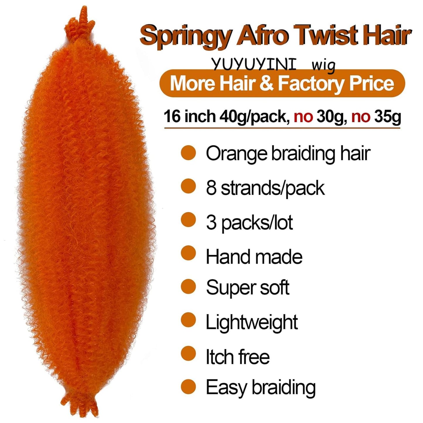 Marley Twist Braiding Hair Orange Springy Afro Twist Hair 16 Inch 3 Packs Pre Fluffed Spring Twist Hair Pre Stretched Wrapping Hair for Soft Locs Hair Extensions for Girl Women