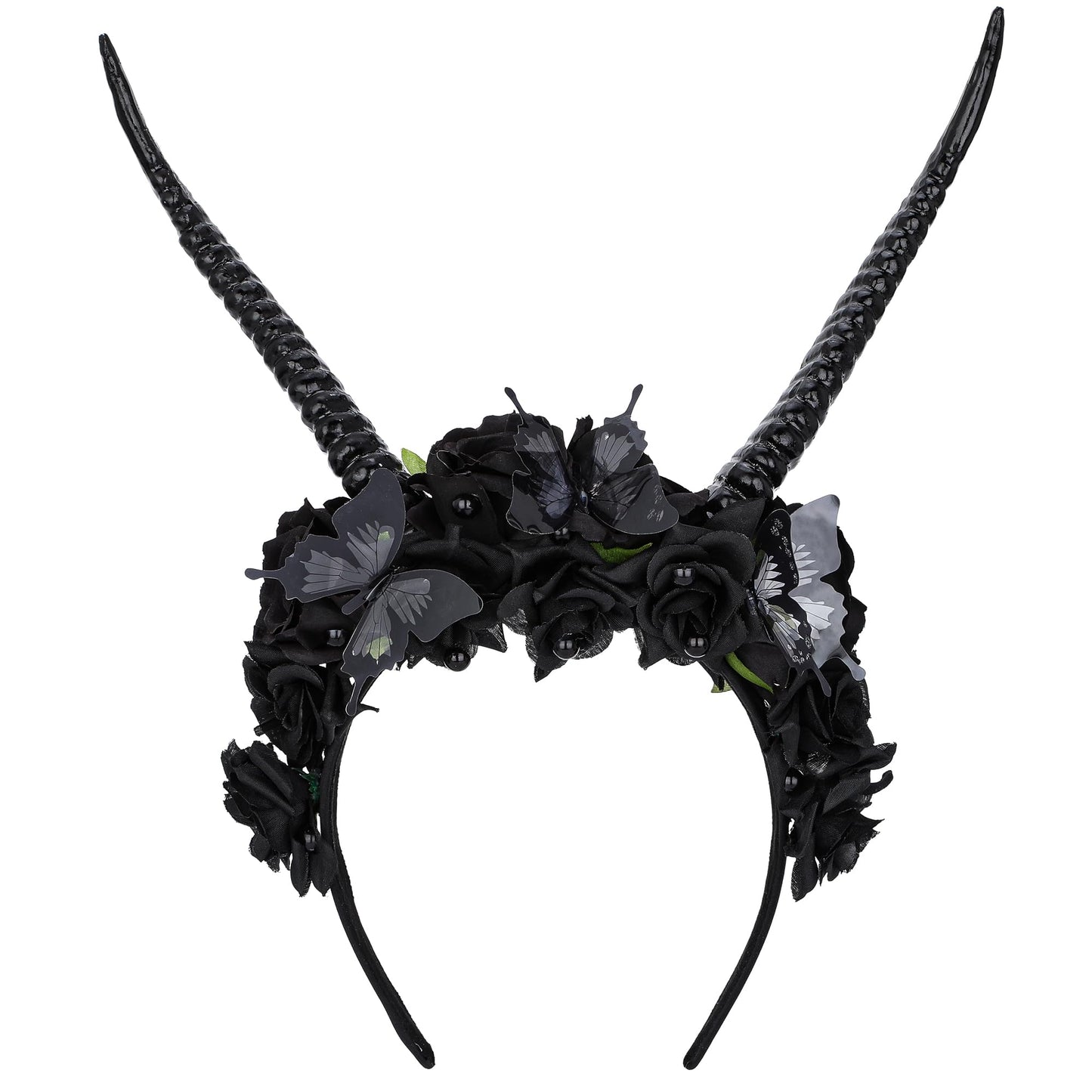 MOSTORY Handmade Black Halloween Horns Headband - Gothic Devil Goat Horn Hairband with Butterfly and Skull for Renaissance Day of the Dead Cosplay Witch Photo Prop