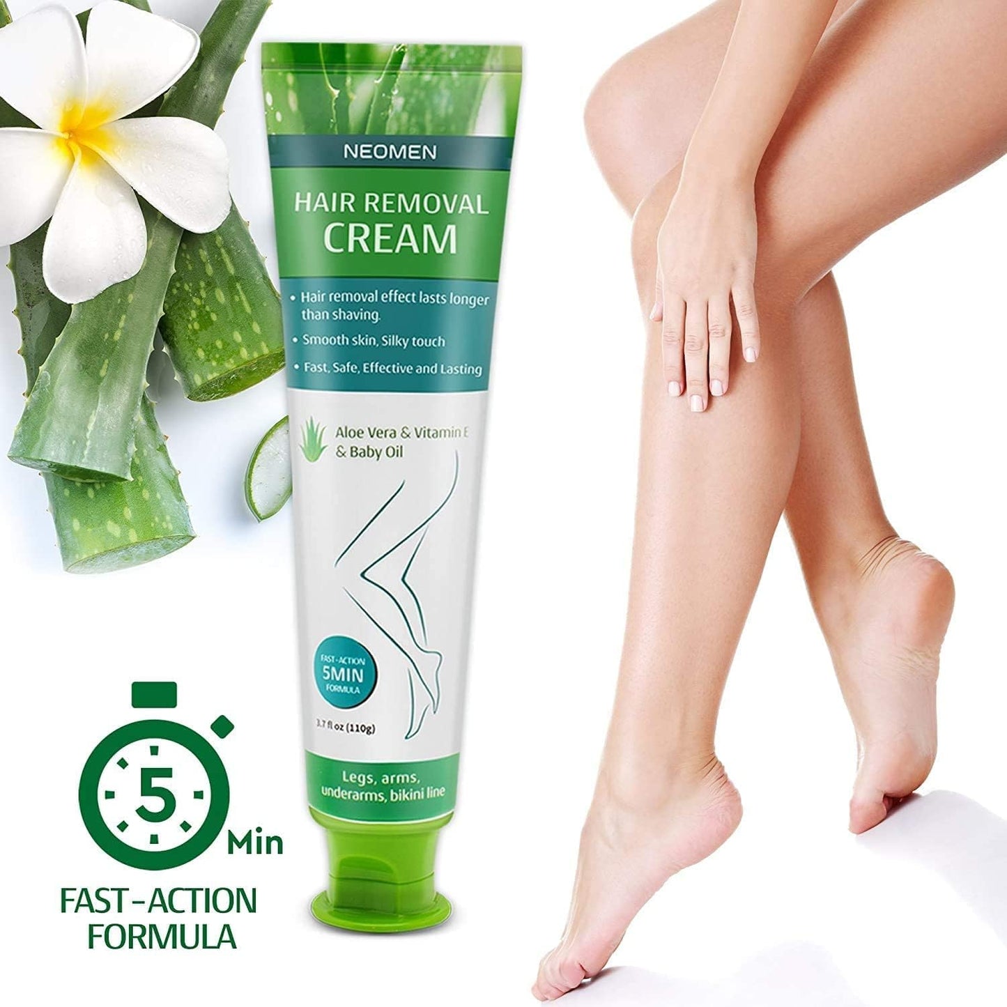 Neomen Hair Removal Cream for Men & Women : Painless Depilatory for Sensitive Skin & Intimate Areas, Moisturizing with Aloe Vera & Vitamin E, Safe for Face, Underarms, Bikini, Arms, Legs