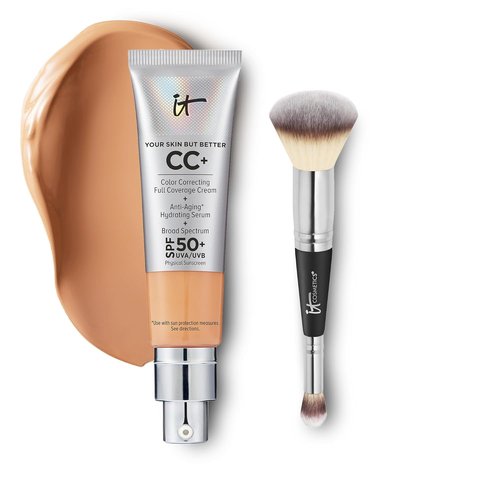 IT Cosmetics CC+ Cream - Full Coverage Foundation with SPF 50+ | Natural Finish, Neutral Tan (1.08 fl oz) & Concealer Brush #7 for Flawless Blending