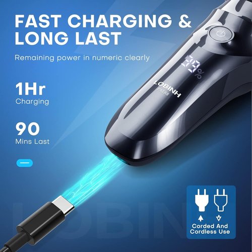 LOBINH Men's Electric Shaver - 3D Rechargeable Waterproof Rotary Razor with Fast Charging & LCD Indicator | PA188