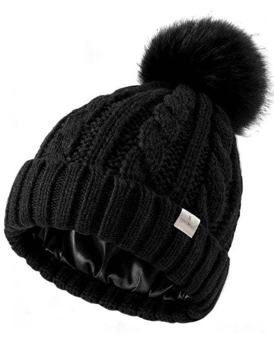 YANIBEST Winter Hats for Women Satin Lined Knitted Beanie Hat Warm Soft Ski Cuff Cap with Pom Pom Black
