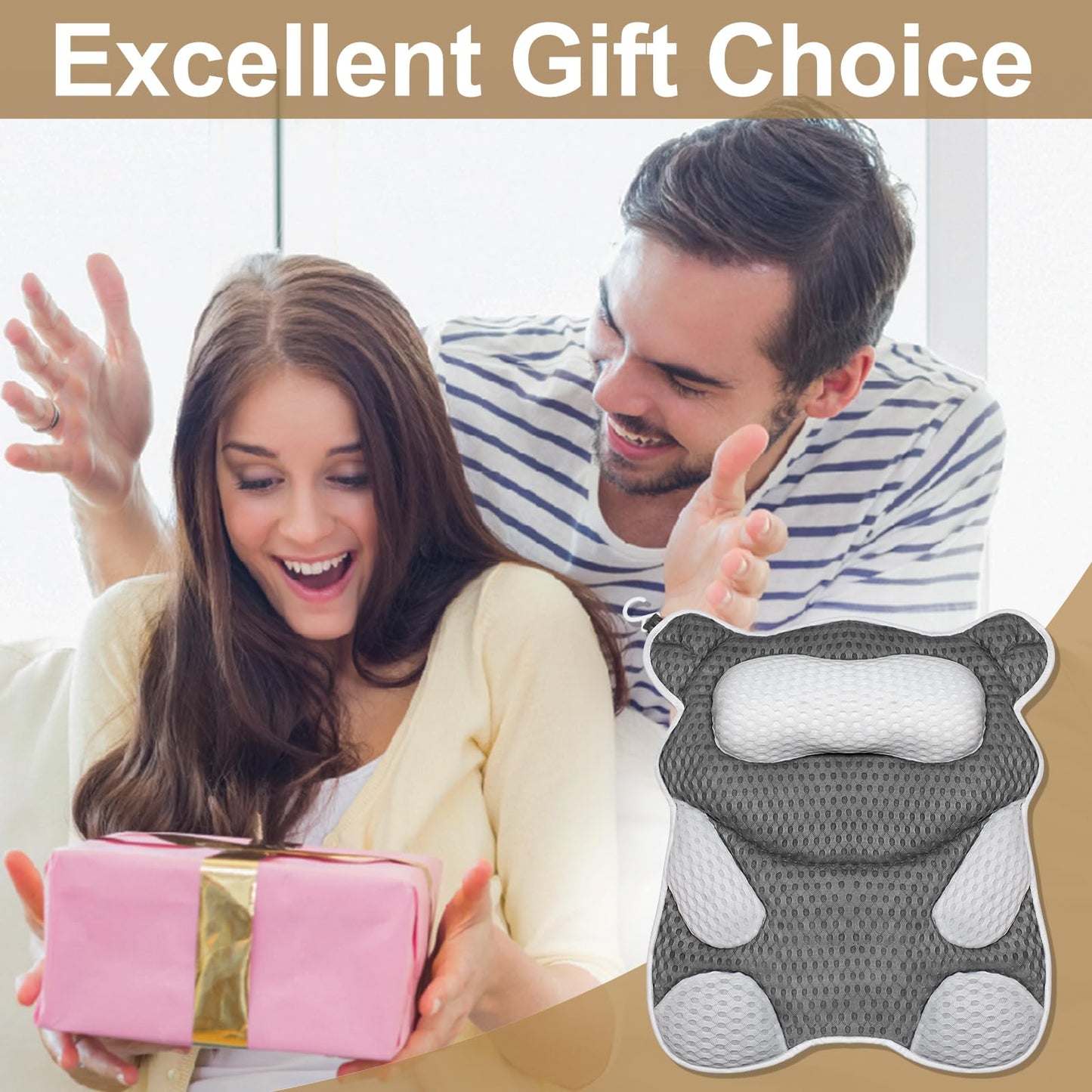 ZYIDBNG Ergonomic Bear Shape Bath Pillow for Head and Neck, SPA Gift for Women, Machine Washable Bathtub Pillow 4D Air-Mesh with 8 Suction Cups Gray