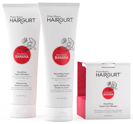 Strawberry Banana Hair Care Set - Smoothing Shampoo, Conditioner & Mask for Frizz Control - Natural & Sulfate-Free