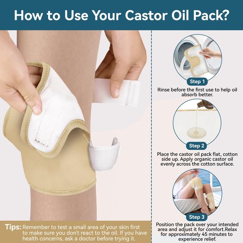 Taoscare 2 Pack Castor Oil Pack Wrap, Castor Oil Wrap for Knee Elbow Arm& Thigh, Reusable & Washable Organic Cotton Patch, Castor Oil Compress Pads with Adjustable Velcro Elastic Strap