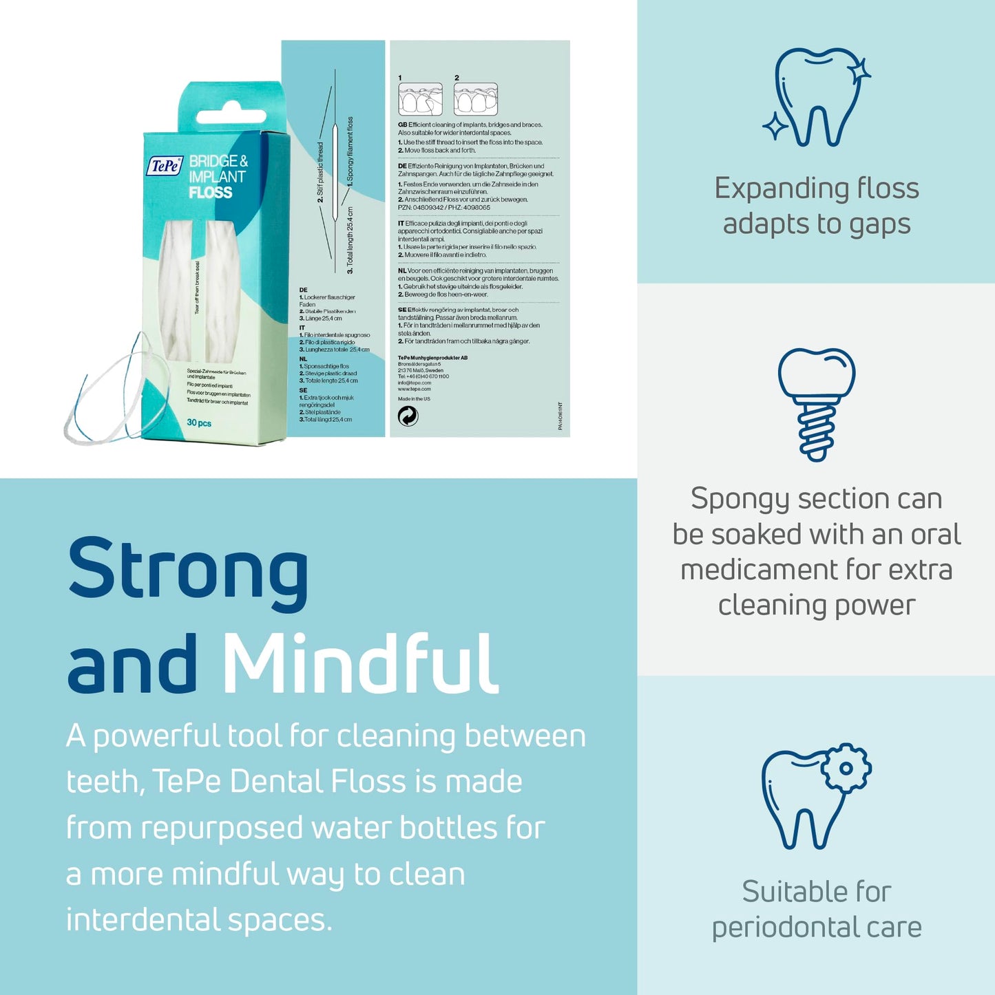 TePe Bridge and Implant Floss for Dental Implants, Bridges, and Braces, Dental Flossers, 30 Pieces