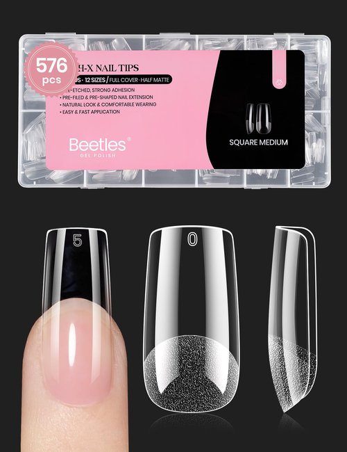 Beetles Nail Tips Medium Square 576Pcs 12 Sizes - Pre-Etched Soft Acrylic Nail Tips Half Matte False Nails Nail Art Full Cover Press Ons Nail Extensions Gift Set Home DIY Nail Salon
