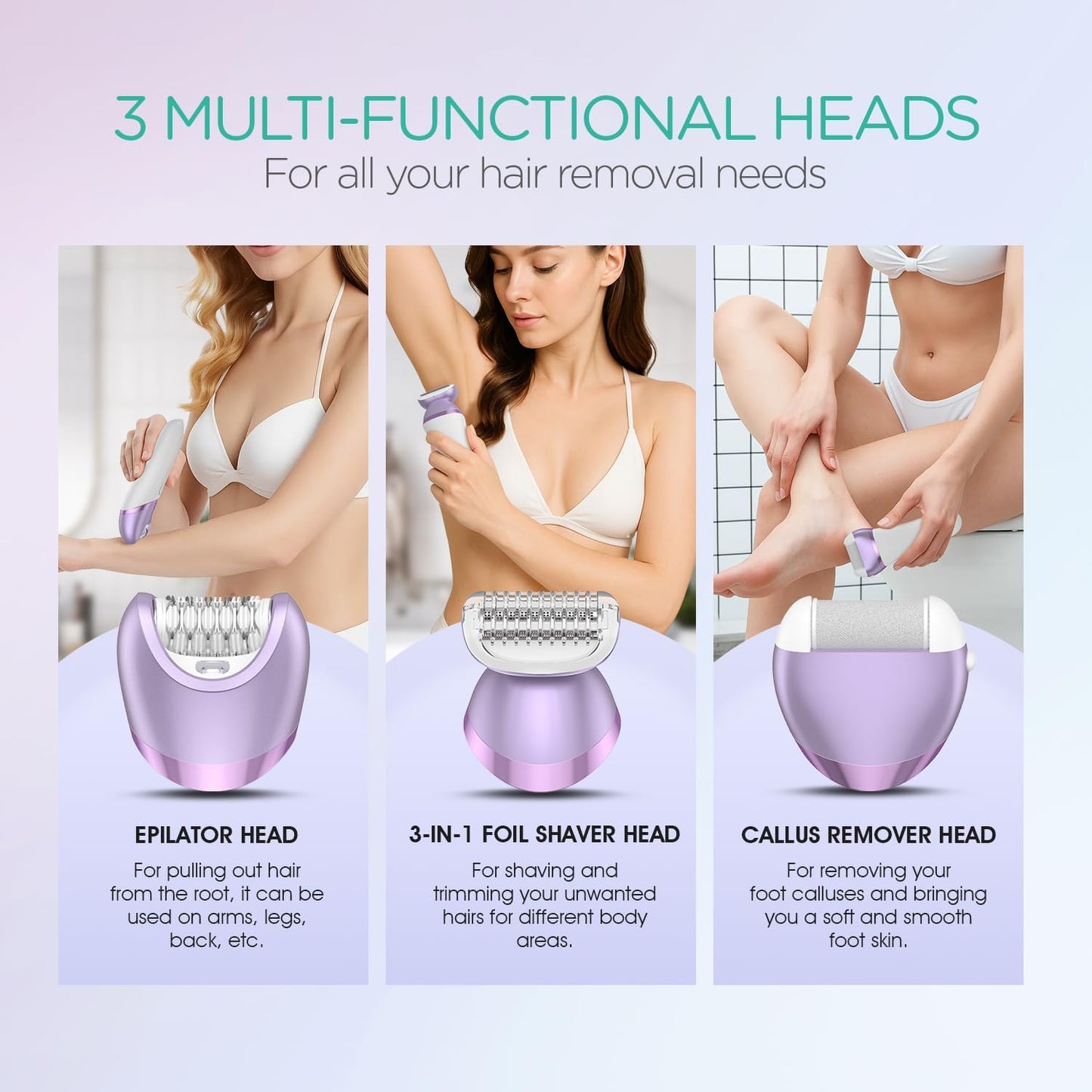 VOYOR Epilator for Women - Cordless 3-in-1 Hair Removal Device with 30 Tweezers | Rechargeable Wet & Dry Shaver (Purple)