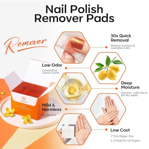 Modelones Nail Polish Remover Pads - Acetone Wipes with Moisturizing Glycerin | 50 Individually Wrapped, Lemon Scented