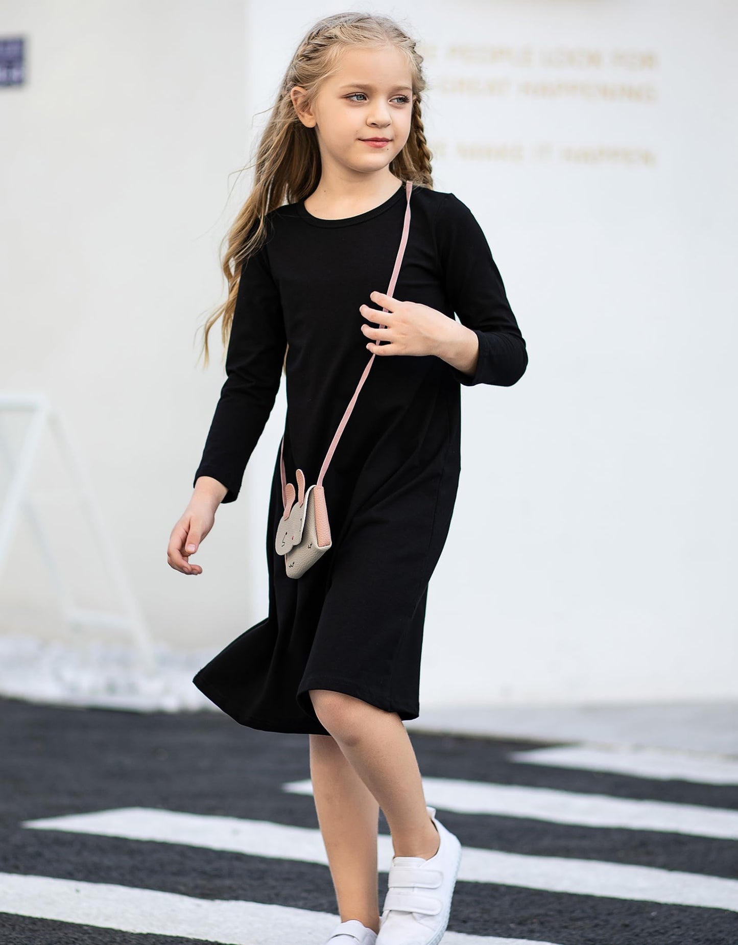 Arshiner Girls Long Sleeve Dresses A-line Party Dress Casual Loose Dresses for Grils Black