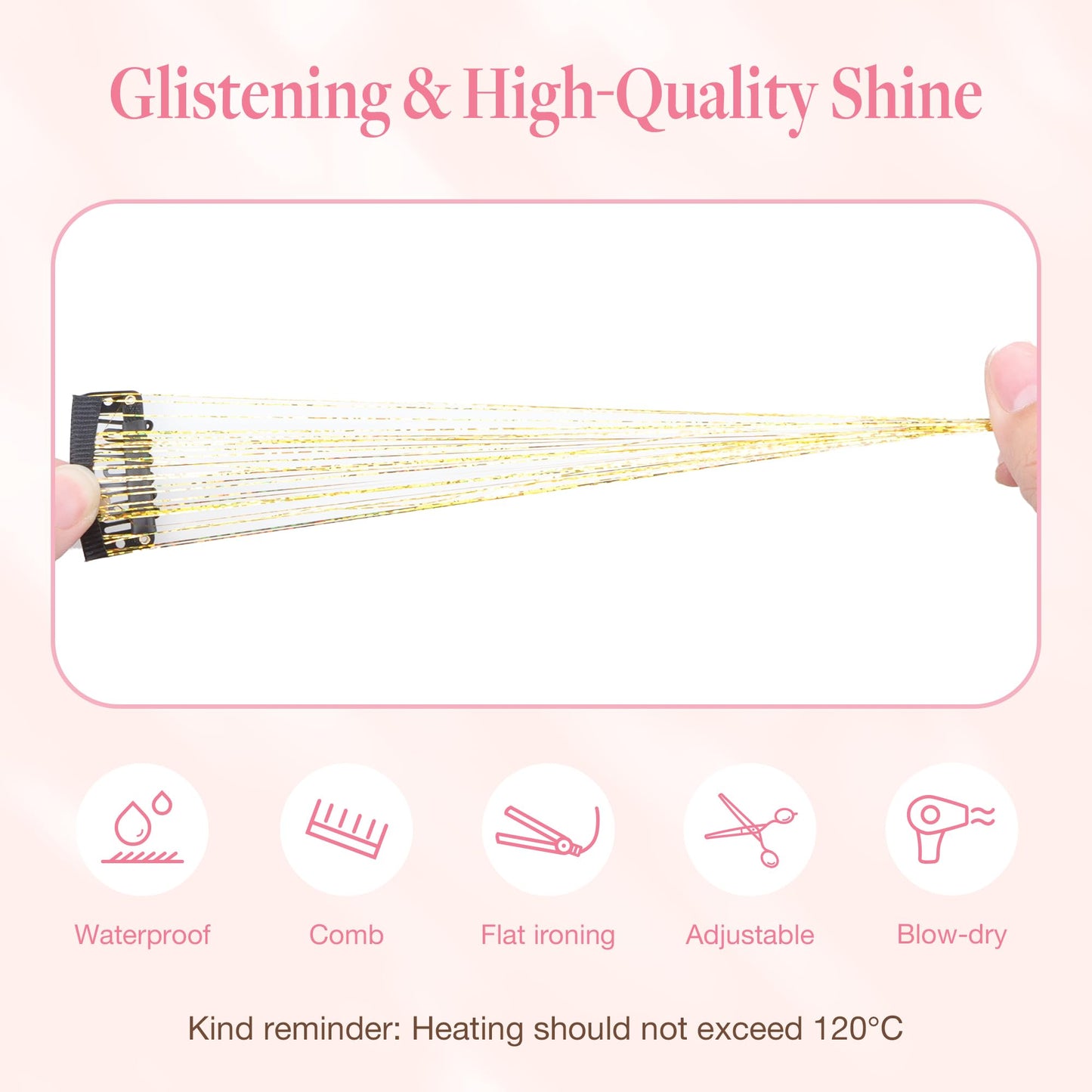 GOO GOO Clip in Hair Tinsel 24 Inch-6pcs Gold Fairy Glitter, Heat Resistant Clip-In Sparkle Strands, Dazzling Glitter Tinsel for Women & Girls, Perfect for Parties, Christmas, New Year, Halloween