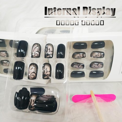 Black Press on Nails with Dark Vine Design, Glossy Ins Medium Square False Nails Rhinestones Acrylic Fake Fingernails Curve Line Stick on Nail Crystal Gel Glue on Nail for Women Girls 24Pcs