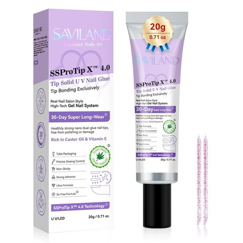 SAVILAND Solid Nail Glue Gel: 30-Day Lasting Strong Adhesive Glues for Press On Nails - SSProTip X Professional Gel Nail Glue, U V Curing Formula, Quick Cure Home & Salon Use,0.71 Fl Oz