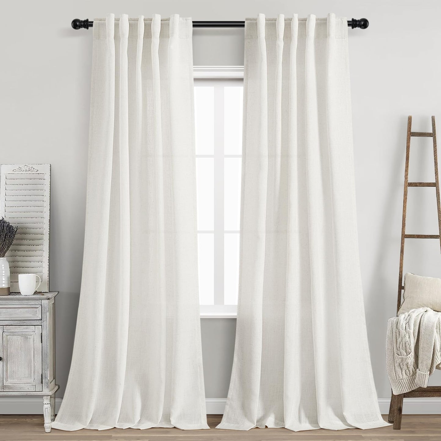 Nanspring Natural Linen Curtains for Kitchen Windows Over Sink - Cafe Curtain Semi Sheer with Rod Pocket and Back Tab Lightweight Rustic Textured Bistro Curtains for Bathroom, 2 Panels 25 x 24 Inch