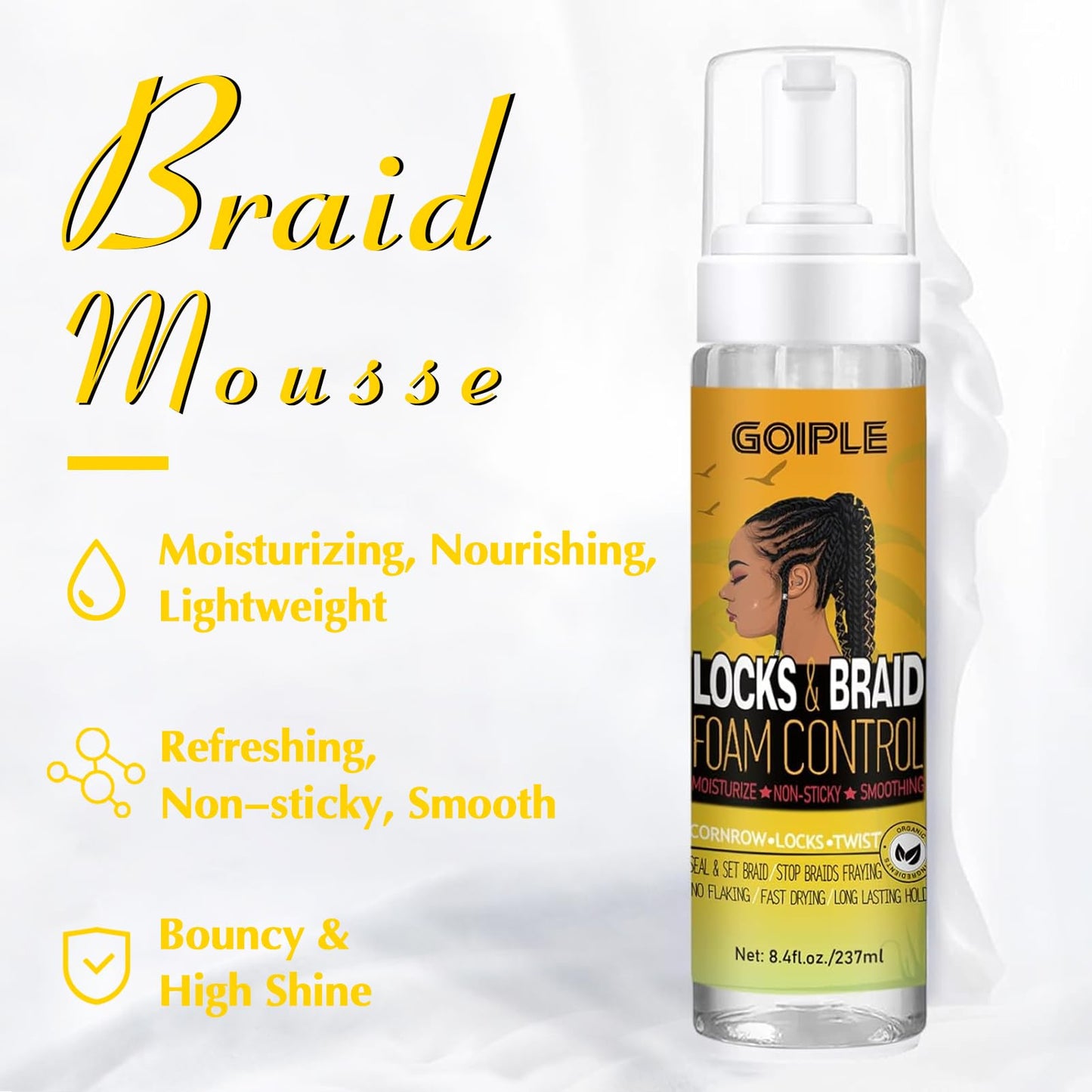 Braid Foam for Braids, Twists, Locs - No Flake Extra Hold & High Shine - Lightweight Mousse Moisturizes & Styles Hair - 8fl oz