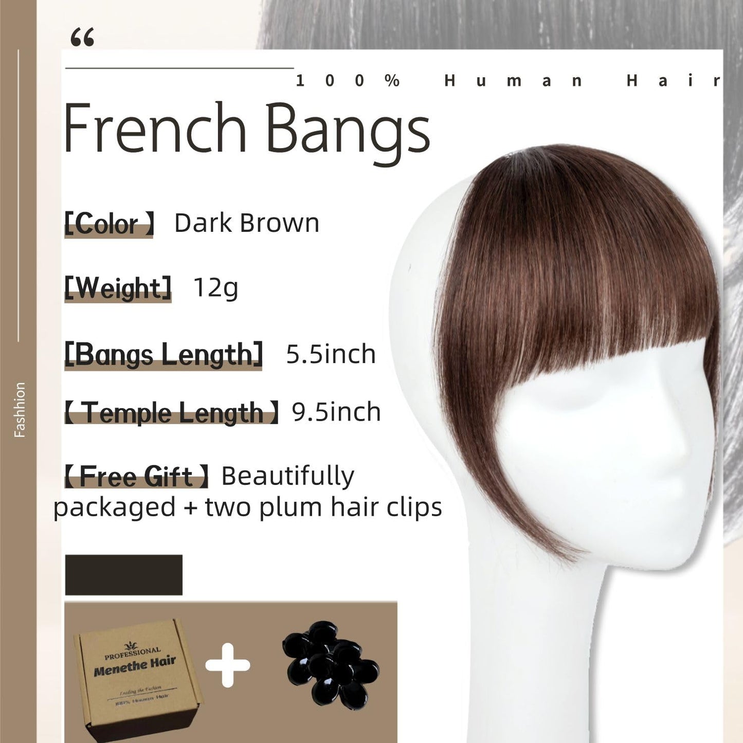 Clip in Bangs 100% Human Hair Bangs Clip in Hair Extensions Dark Brown Clip on Bangs French Bangs Fringe with Temples Hairpieces for Women Curved Bangs for Daily Wear (French Bangs, #Dark Brown)