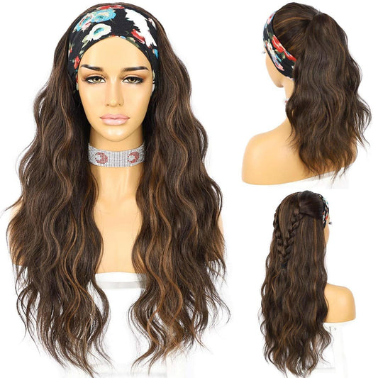 SAPPHIREWIGS Headband Wig Loose Body Wavy Glueless Synthetic Hair Wigs for Black Women Wave None Lace Front Wigs Mix Brown Color Headband Wigs 150% Density 26inches