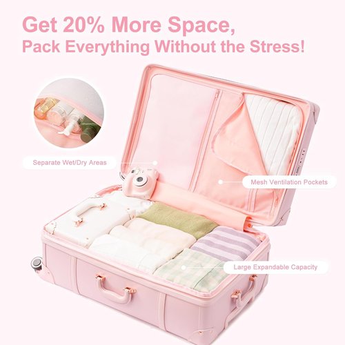 NZBZ Vintage Luggage Set - Cute Retro Expandable Suitcases for Women | Blush Pink (14" & 20")