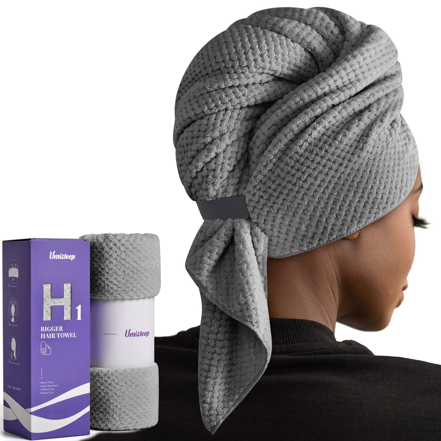 Umisleep Extra Large Microfiber Hair Towel - Super Soft Anti-Frizz Quick Dry Wrap for Long, Curly Hair | Grey