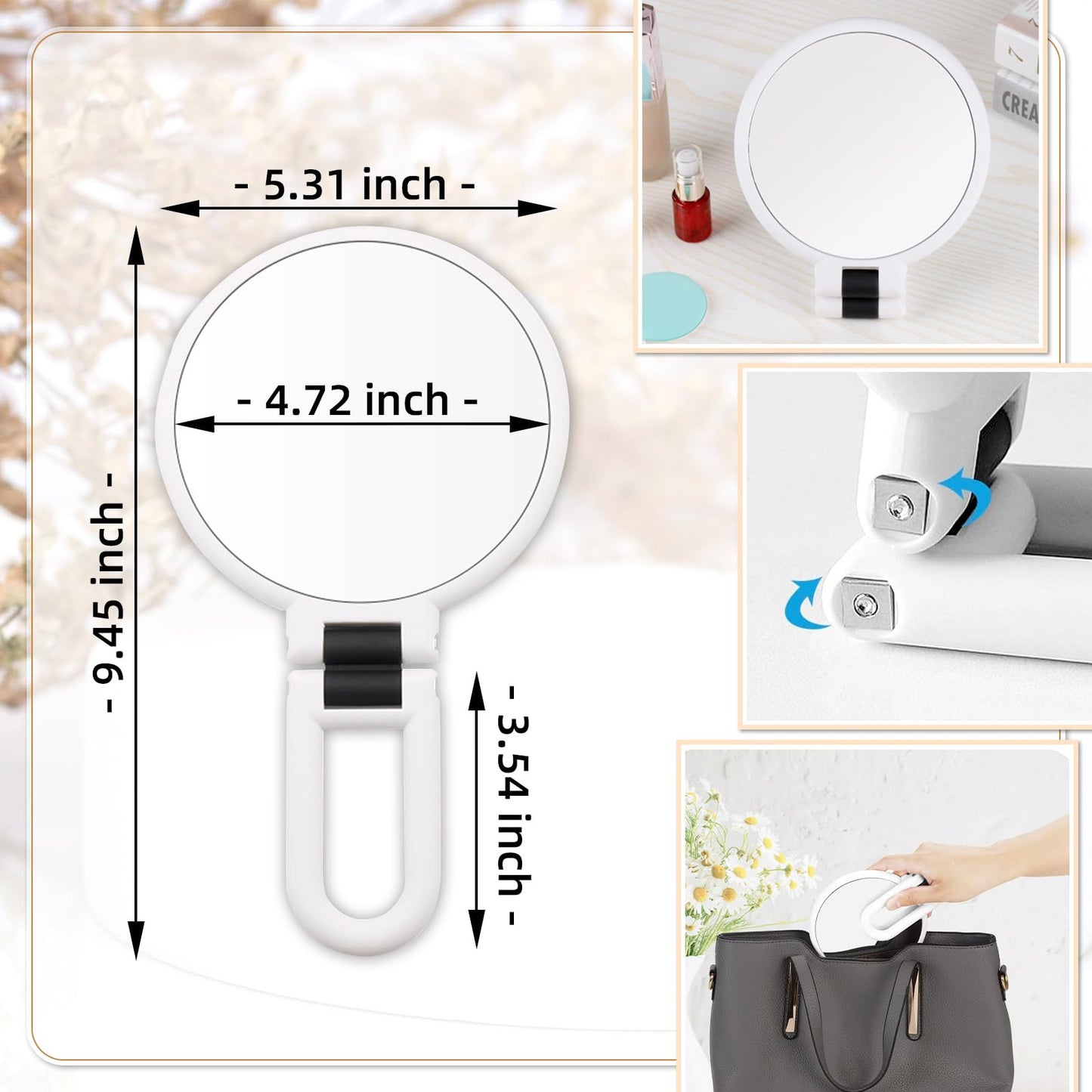 Novadex 1x 5X Magnifying Mirror, Handheld Hand Mirror with Handle, Travel Hand Held Vanity Mirror, Compact Double Sided Portable Magnification Small Make Up Mirrors for Precision Makeup (White)