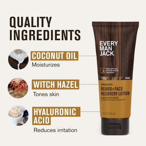 Every Man Jack Beard & Face Recovery Lotion - Moisturizes Dry Skin & Relieves Beard Itch | Light Sandalwood Scent - 3.2oz (2 Pack)