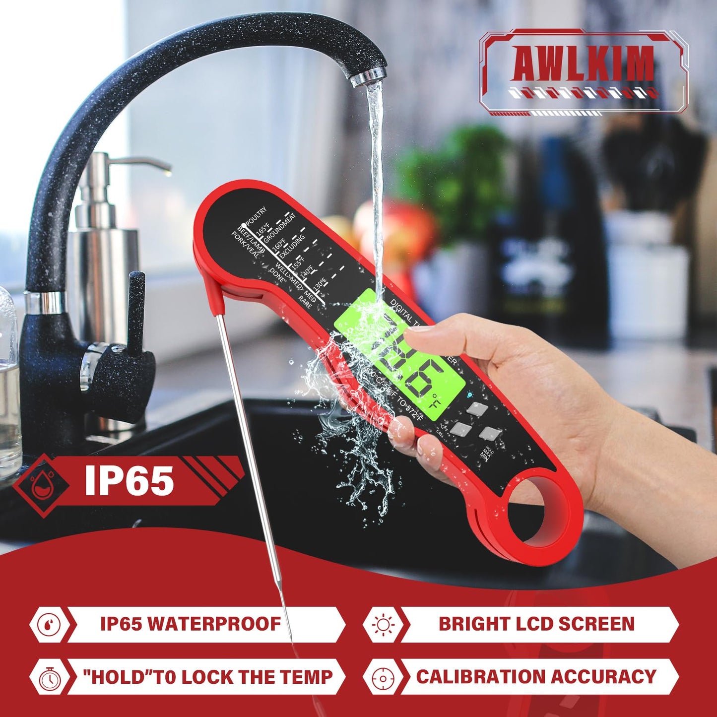 Fast Instant Read Meat Thermometer with Backlight - Waterproof Digital Food Probe for Grilling, Cooking, Baking & Candy Making - Kitchen & BBQ Essential(Black)