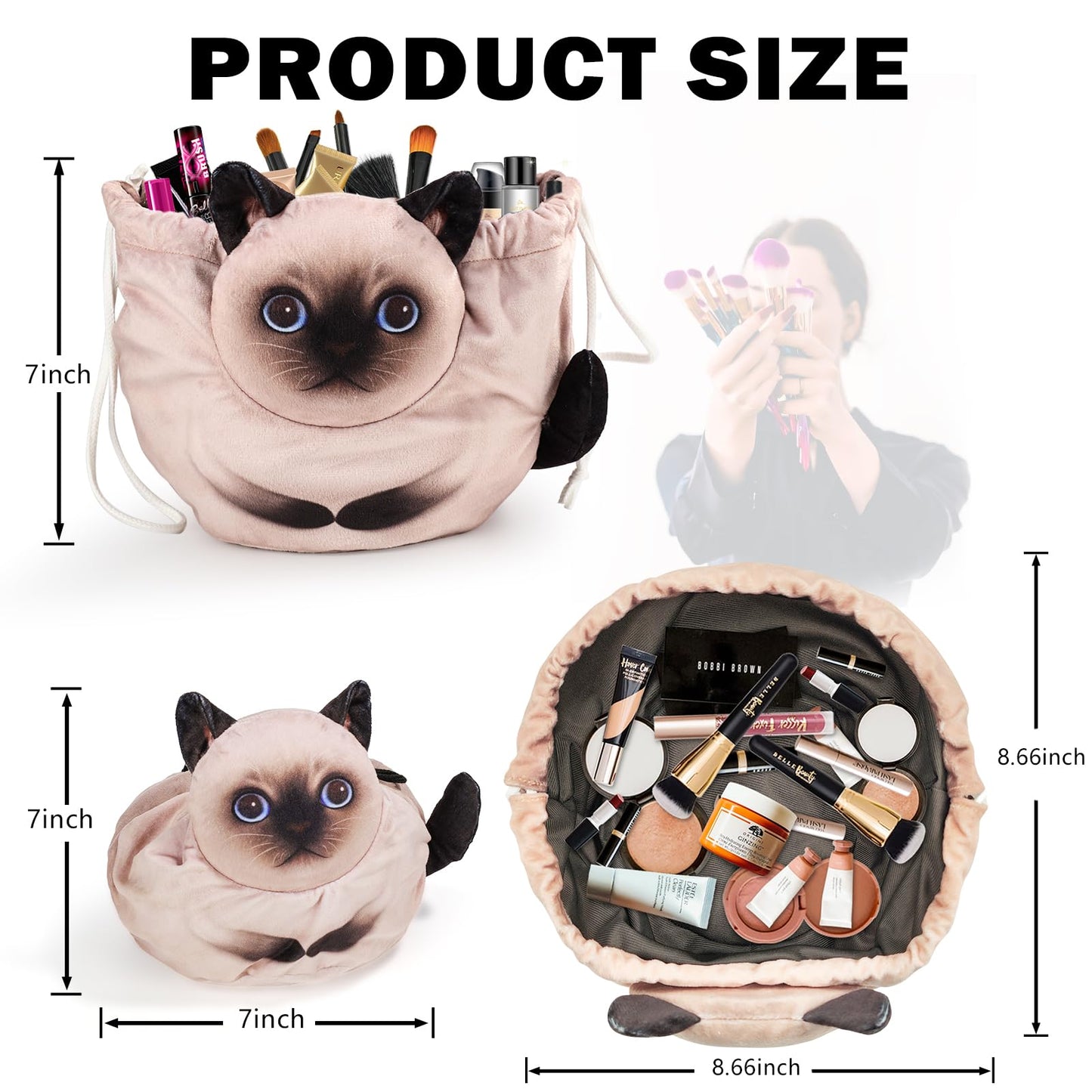 Openhahaha Drawstring Makeup Bag, Cat Makeup Bag, Travel Makeup Organizer, Cosmetic Pouch Bag, Cat Gift for Women, Lay Flat Makeup Bag Gifts for Cat Lovers(2-Pack)