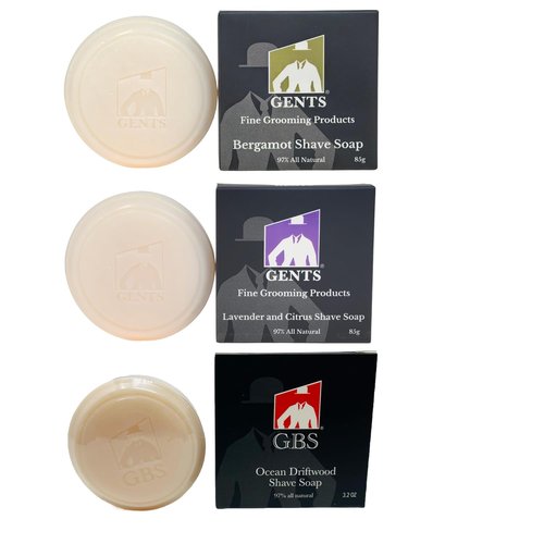 GENTS Shave Soap Set for Men - 97% All Natural, Bergamot, Lavender Citrus & Ocean Driftwood | Pack of 3