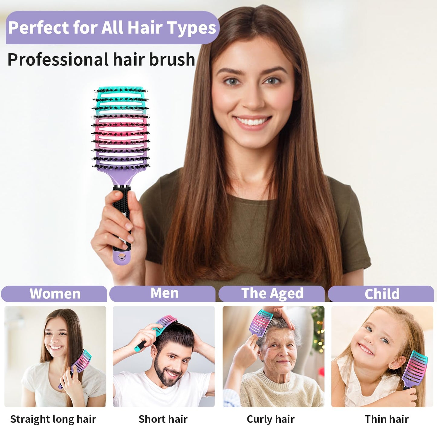 Hair Brushes for Women 2 Pack, HIPPIH Detangler Hair brush for Adult & Kids’ Wet or Dry Hair, Boar Bristle Hair Brush Getting Knots Out without Pain Adds Shine and Makes Hair Smooth