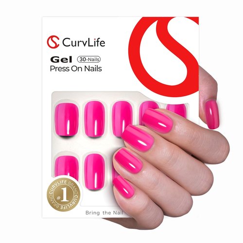 CurvLife Press-On Nails - Short Square Acrylic with Apricot Design | Glossy Nude Full Cover (Bright Pink)