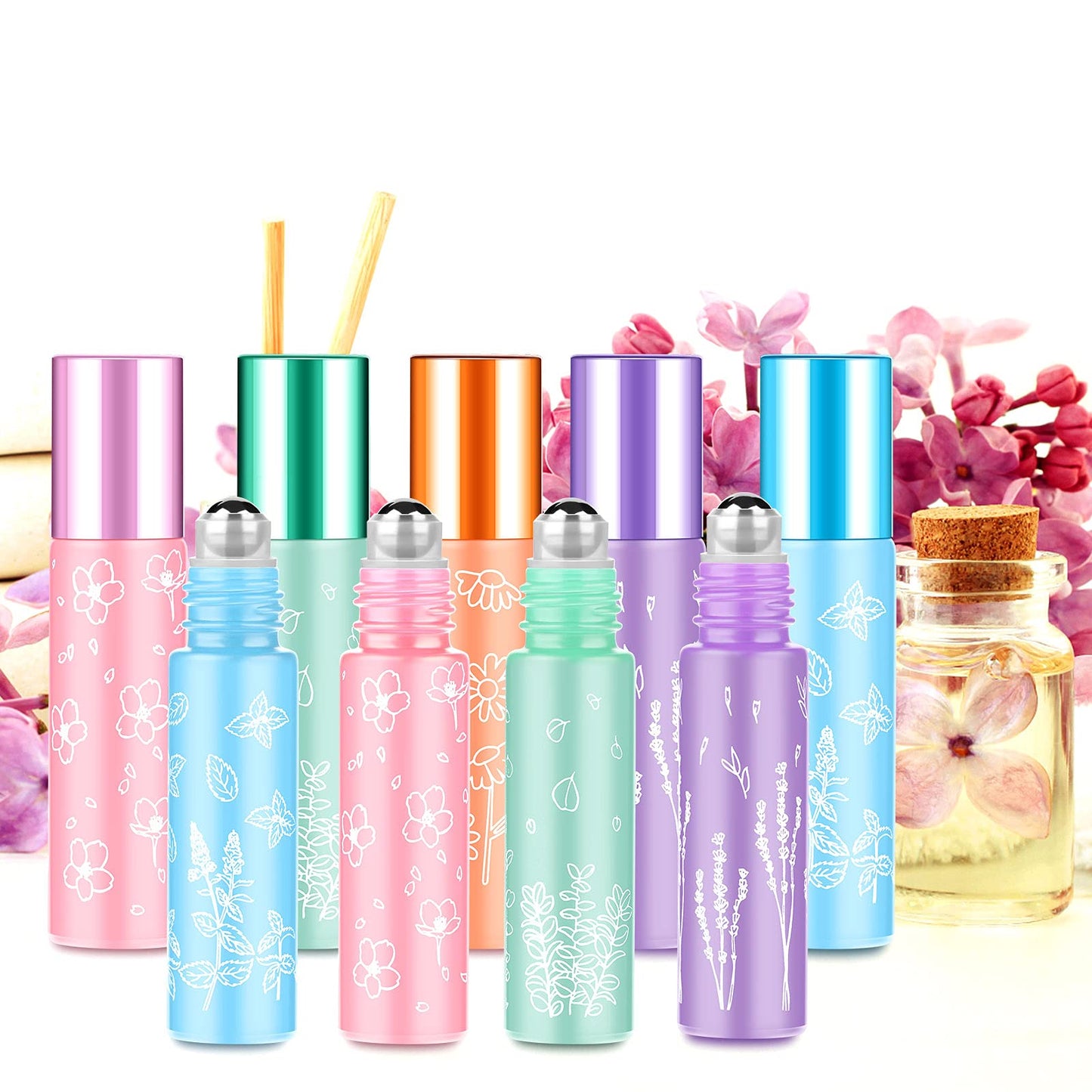 Essential Oil Roller Bottles,10ml Roll on Bottle with Stainless Steel Balls,8 Pack Portable Refillable Colorful Frosted Perfume Sample Bottles DIY Empty Containers for Lip Oil,Opener&Dropper included