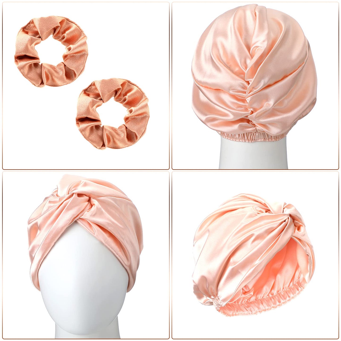 6 Pieces Silk Cap Silk Pillowcase Set, Silk Sleeping Bonnet Silk Hair Wrap Silk Pillow Cases Silk Hair Scrunchies Silk Hair Ties Elastic Silk Ponytail Holders for Women Girls (Rose Gold, Pink)