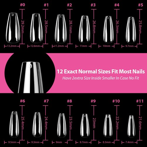 UNA GELLA Long Coffin Nail Tips 504pcs Clear Long Gel Nail Tips Coffin Pre-shaped Full Cover Fake Nails Acrylic False Press on Nails For Nail Extension DIY Salon Soft Gel Tips 12 Sizes