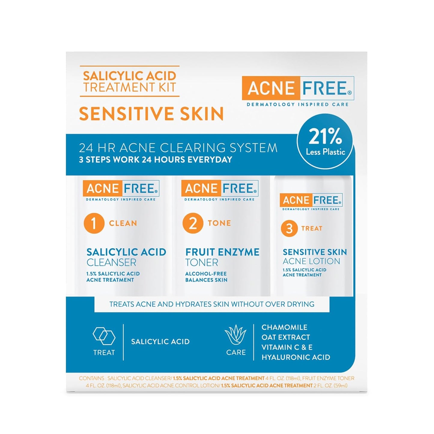AcneFree 24Hr Acne Clearing System - 3-Step Kit with 1.5% Salicylic Acid for Sensitive Skin